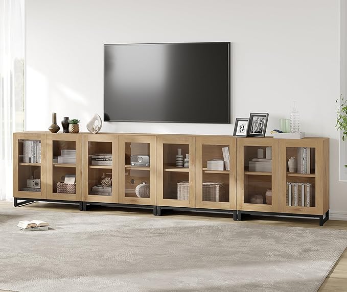 WAMPAT Modern TV Stand with Glass Doors for 120 inch TVs, 4 in 1 Entertainment Center Console with Adjustable Shelves and Metal Base for Living Room, Bedroom, Oak