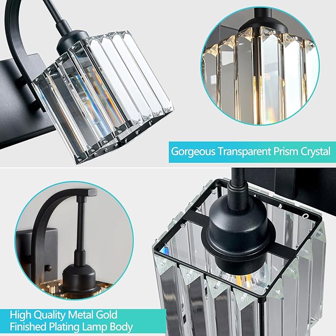 FDPBY Crystal Vanity Lights 2-Light Black Wall Lamp Modern Crystal Bathroom Light Fixtures Over Mirror 13.77" Long Bathroom Wall Sconce