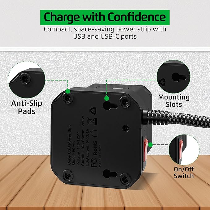 Cube Power Strips with Surge Protection, 6ft Extension Cord with Multiple Outlets, 5 Ac Plugs, 3 USB, 1 Usbc Fast Charging Power Strip with USB Ports, Mountable On/Off Switch Charging Station