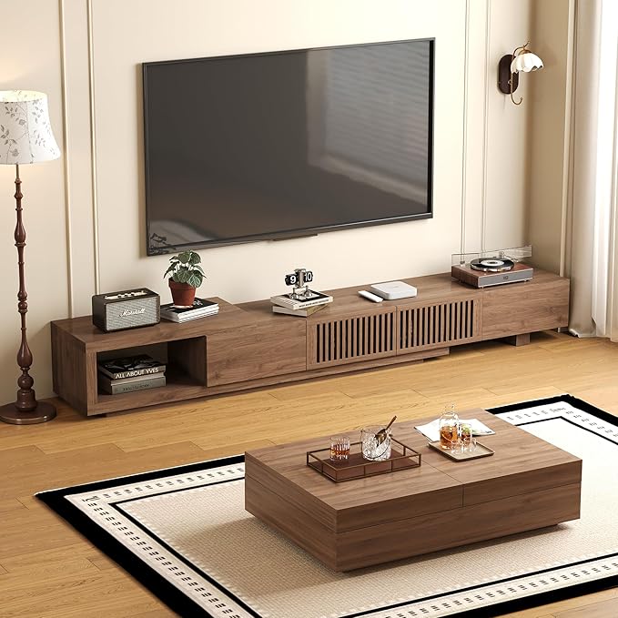 NessCarsti Mid-Century Modern TV Stand & Expandable Coffee Table Set, Walnut Finish, Stylish Storage Combo for Living Room or Bedroom (78.54“ to 103" TV Stand+Coffee Table)