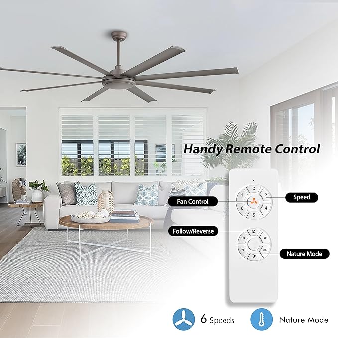 WINGBO 80 Inch Industrial Ceiling Fan without Light, 8 Aluminum Blades Ceiling Fan No Light, 6-Speed Reversible Noiseless DC Motor for Kitchen Bedroom Living Room, Charcoal Gray