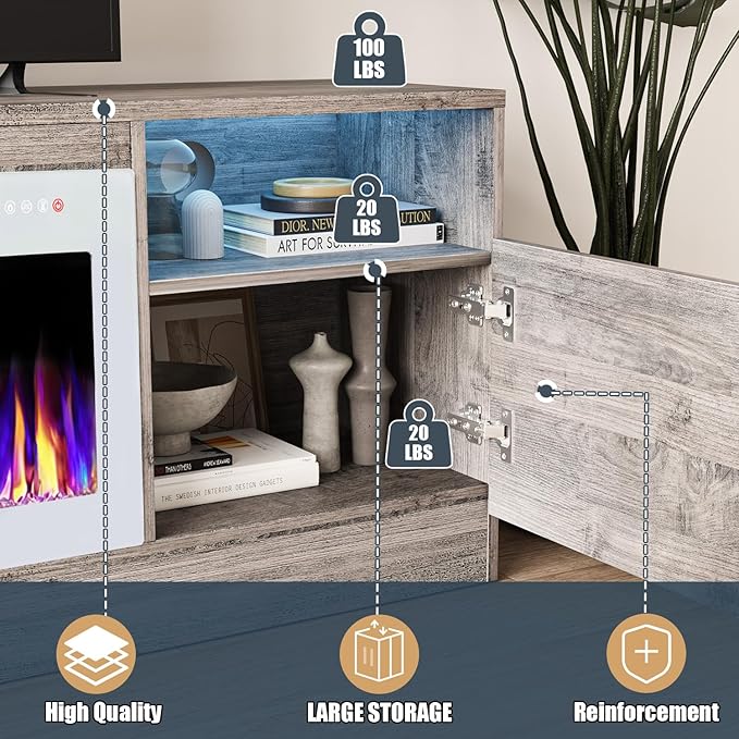 VITESSE TV Stand Fireplace with 36" inch Electric Fireplace Up to 80" TVs, LED Light Entertainment Center, 70" Modern Wood High Gloss with Highlight Storage Cabinet for Living Room (Gray)