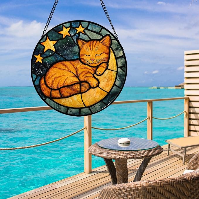 AMDERVEN Stained Glass Window Hanging - Orange Cat Sun Catcher for Door Home Decor Stars and Moon Suncatcher Christmas Mother's Day Birthday Loss of a Pet Gifts for Women Men Mom Nana 9.8 in