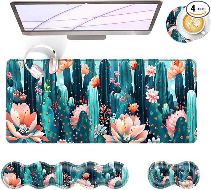 BFUKVOU Large Keyboard Mouse Pad Set, Extended Mouse Pad+Keyboard Wrist Rest Support, Memory Foam Ergonomic Easy Typing, 4Pcs (31.5×11.8 in) Desk Pad Set for Office Home,Cute Cactus Blooming Flowers