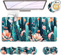 BFUKVOU Large Keyboard Mouse Pad Set, Extended Mouse Pad+Keyboard Wrist Rest Support, Memory Foam Ergonomic Easy Typing, 4Pcs (31.5×11.8 in) Desk Pad Set for Office Home,Cute Cactus Blooming Flowers