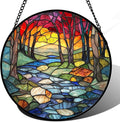 AMDERVEN Stained Glass Window Hanging, Red Tree Abstract Sunset Lake Sun Catcher for Window Home Decor Landscape Suncatcher Mother's Day Birthday Gifts for Women Men Mom and Nana 15 in