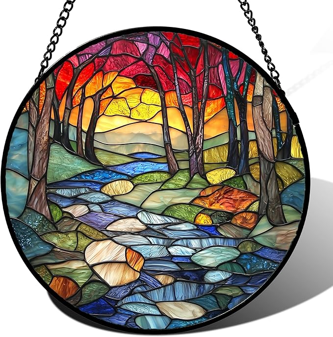 AMDERVEN Stained Glass Window Hanging, Red Tree Abstract Sunset Lake Sun Catcher for Window Home Decor Landscape Suncatcher Mother's Day Birthday Gifts for Women Men Mom and Nana 15 in
