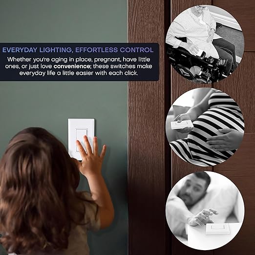 RunLessWire 3-Way Battery-Free DIY Wireless Light Switch Kit 150ft RF Range Self-Powered by Kinetic Energy for Hallways & Stairways: 2 Remote Switches Control 1 5A On/Off Receiver – Light Almond