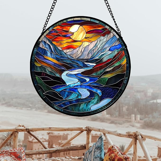 AMDERVEN Stained Glass Window Hanging, Canyon Mountains Sunset View Sun Catcher for Window Home Decor Landscape Suncatcher Mother's Day Birthday Gifts for Women Men Mom and Nana 9.8 in