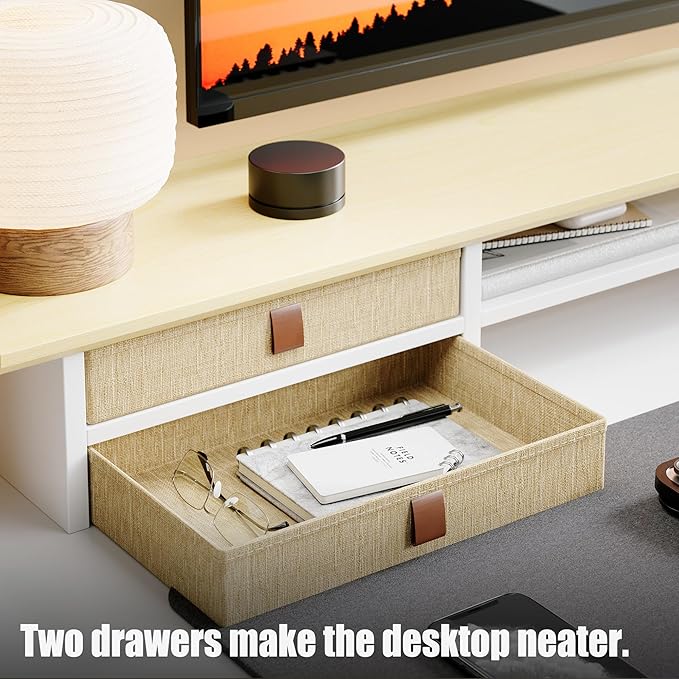 FENSULN Dual‑Tier Monitor Stand Riser with Drawers, Desktop Organizer Shelf Storage for Computer Screen 2 Monitors, Supports for PC Computer Monitor, Printer, Heavy TV Riser Beige and White