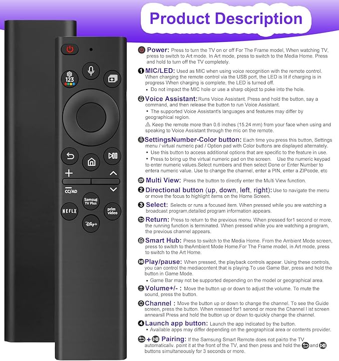 Voice Replacement Remote Control for All Samsung TV Curved Frame UHD QLED LED 4K 8K Smart TVs, with Voice Function