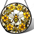 AMDERVEN Stained Glass Window Hanging - Yellow Flowers Surrounded by Bees Sun Catcher for Door Garden Home Decor Cute Suncatcher Christmas Mother's Day Birthday Gifts for Women Men Mom Nana 6.3 in