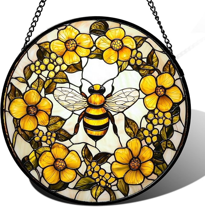 AMDERVEN Stained Glass Window Hanging - Yellow Flowers Surrounded by Bees Sun Catcher for Door Garden Home Decor Cute Suncatcher Christmas Mother's Day Birthday Gifts for Women Men Mom Nana 15 in