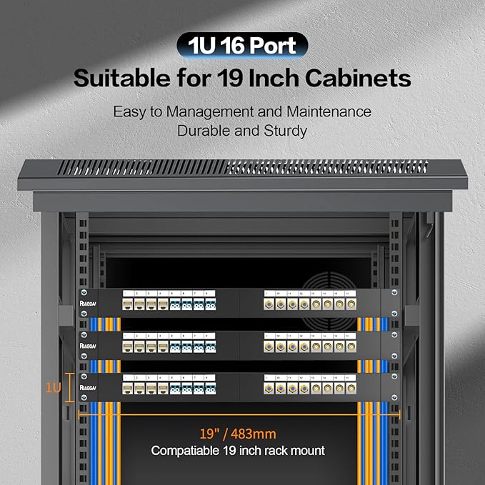 PBAEGAV 16 Port Patch Panel Blank UTP/STP 1U 19" Keystone Patch Panel with Cable Management and Support Bar Compatible with LC/SC/ST/FC/USB/HDMI Keystone Jack(16 Port)