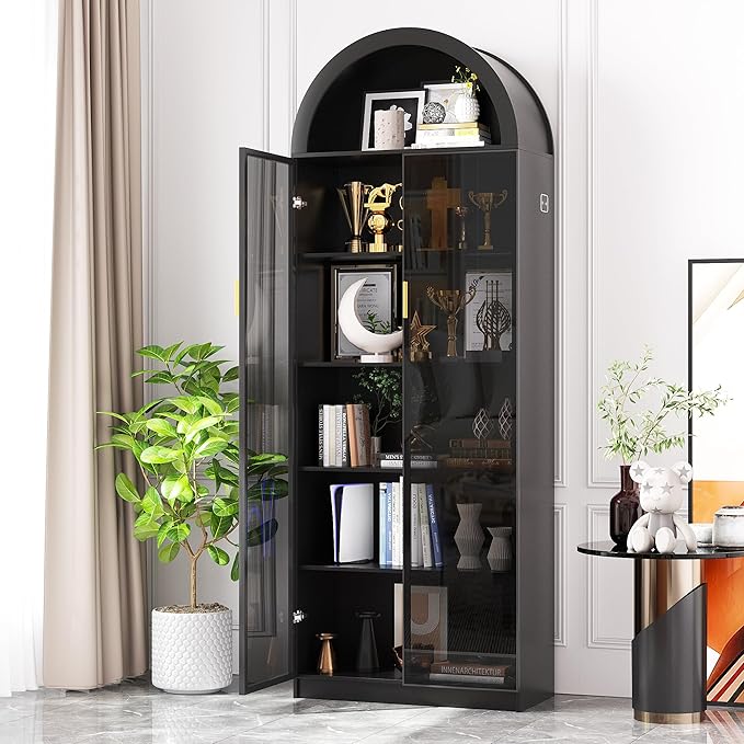Dystler Arch Display Cabinet with Doors and Adjustable Shelves, 76" Tall Curio Cabinet with LED Lights/Storage Space, 6 Tier Display Case Bookcase for Collectibles Bedroom Living Room Office, Black