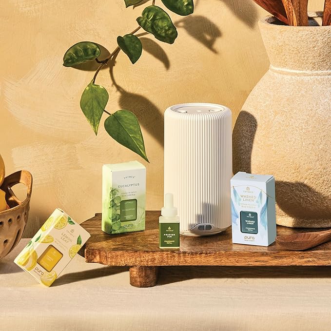 Thymes Pura Plus Smart Home Fragrance Diffuser Kit - Includes 1 Tabletop Pura Diffuser and 2 Frasier Fir Pura Refills - Notes of Siberian Fir, Cedarwood & Sandalwood