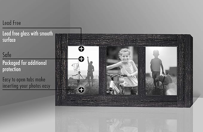 Americanflat Hinged 4x6 Triple Picture Frame with 3 Photo Openings and Polished Glass - Distressed Wood Collage Picture Frames for Tabletop and Wall Display - Hampton Collection - Charcoal Black