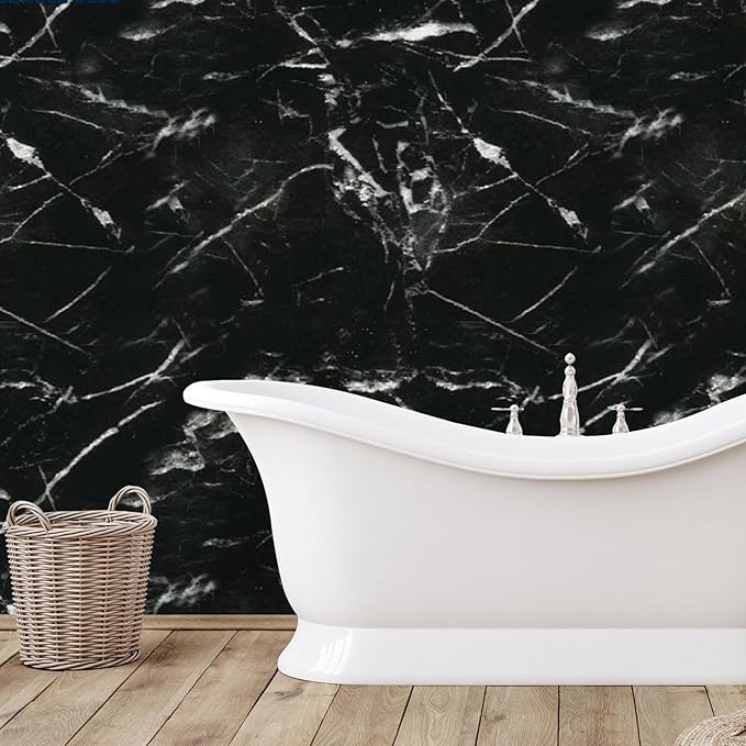 Dundee Deco Faux Marble Wall Panels - 2 ft X 4 ft - Glossy, Waterproof Indoor Wall Cladding - Black, White Veins - Set of 4 - Covers 31 sq ft