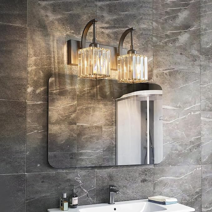 FDPBY Crystal Vanity Lights 2-Light Black Wall Lamp Modern Crystal Bathroom Light Fixtures Over Mirror 13.77" Long Bathroom Wall Sconce