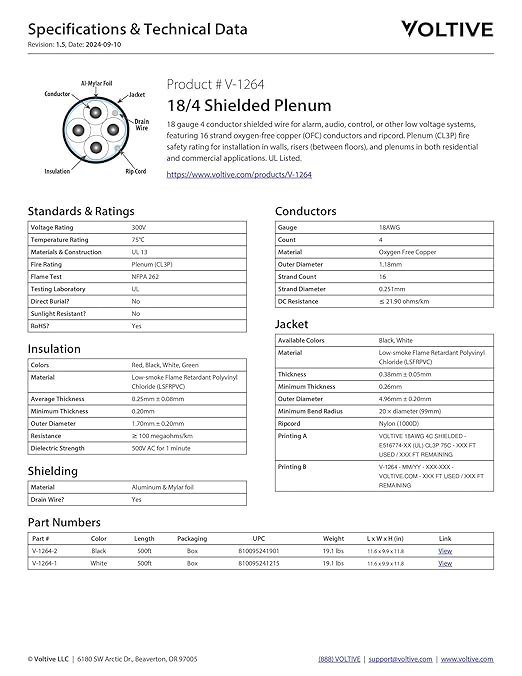 Voltive 18/4 Shielded Low Voltage Wire, Plenum CL3P, White, 500ft - 18AWG, 4 Conductors, Overall Shield, Stranded Bare Copper, UL Listed - V-1264-1