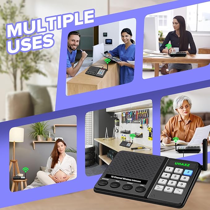 UHAXZ Intercoms Wireless for Home, Long Range Wireless Intercom 6000ft, Intercoms for Home with Group Call, Monitor Function, 8 Volume Levels Intercom System for House Business Office Elderly(2 Packs)