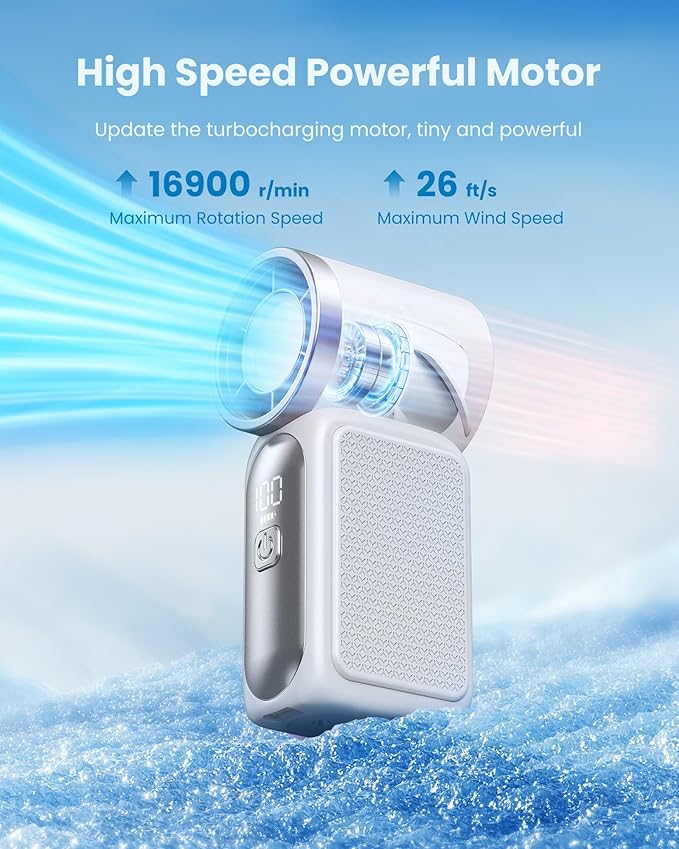 Gaiatop Portable Handheld Mini Fan, 6 Speeds 16900 RPM High Velocity Personal Fan with LED Display, USB Rechargeable, Mini Fan with Lanyard for Makeup, Travel, Outdoor, Gift for Women Girl, White