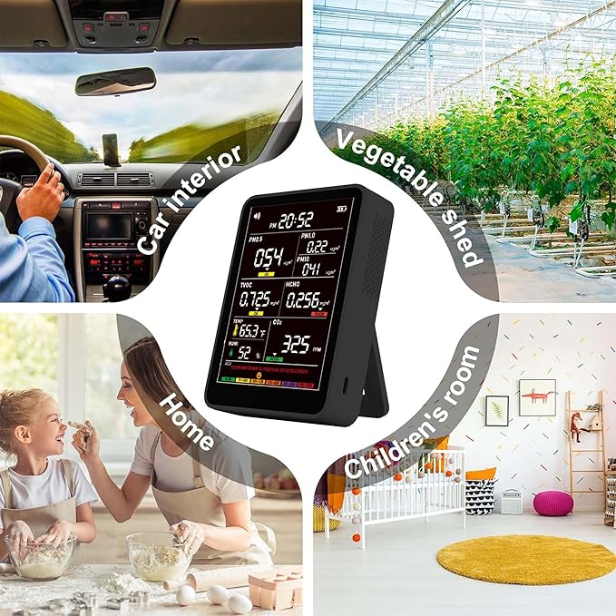 Professional Indoor Air Quality Monitor with AQI Alarms, Portable Real-Time Detector for Home Cars Plants and Pets (Black)