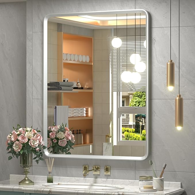 24x32 Silver Bathroom Mirror, Silver Vanity Mirror for Wall, Rounded Rectangle Mirror with Beveled Border, Anti-Rust, Polished, Shatterproof (Horizontal/Vertical)