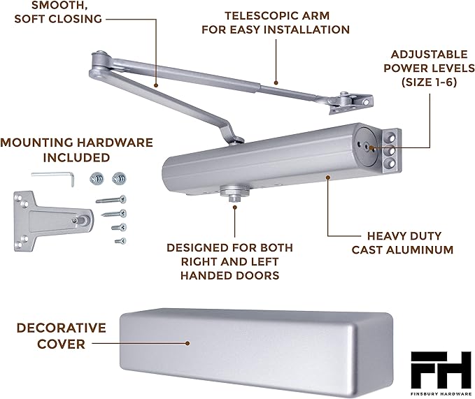Finsbury Commercial Door Closer Automatic Heavy Duty High Traffic Adjustable ANSI/BHMA Grade 1, UL Listed ADA Compliant Hydraulic Backcheck Delayed Action Latch Speed 1-6 Power (Aluminum)