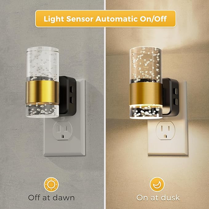Night Lights Plug into Wall 2 Pack, Dimmable Night Light with Dusk-to-Dawn Light Sensor, Soft White/Cool White/Amber 3 Light Color, Adjustable Brightness, Rotatable plug, Bubble Nightlight for Hallway