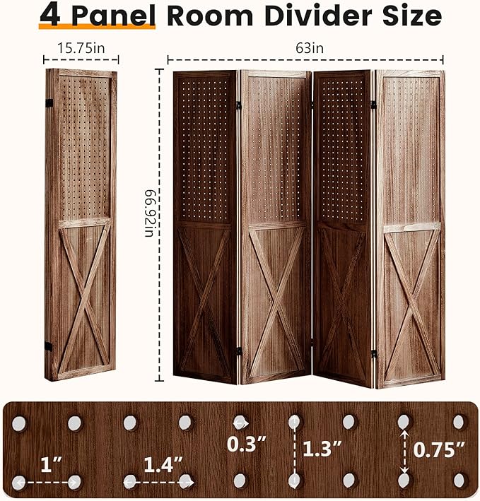 ALeesing 4 Panel Pegboard Wood Room Divider, 5.6Ft Pegboard Display Folding Privacy Screens, Peg Board Display Freestanding for Trade Show Craft Show Home Wall Organizer, Retro Brown