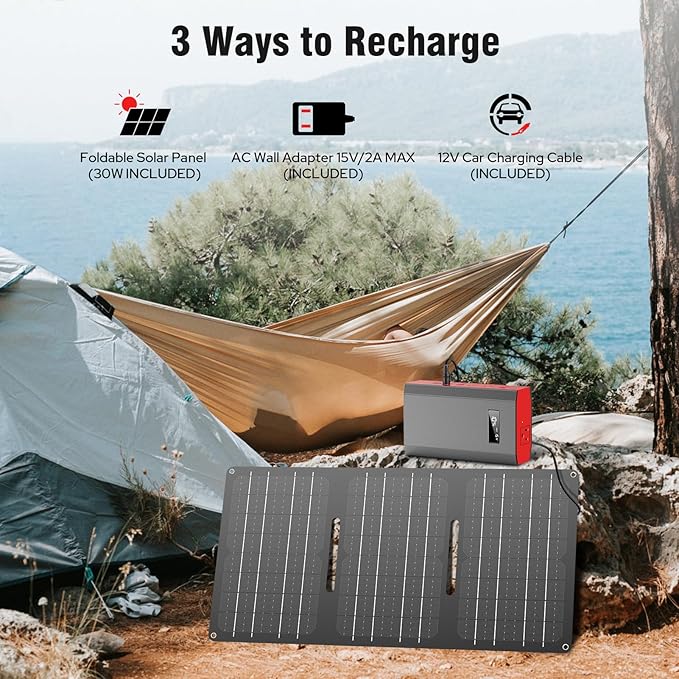 Portable Solar Power Bank with AC Outlet 65W 110V External Battery Pack, 23400mAh Portable Laptop Charger with Foldable Solar Panel 30W for Outdoor Smart Device Camping Hiking Trip Off Grid Backup
