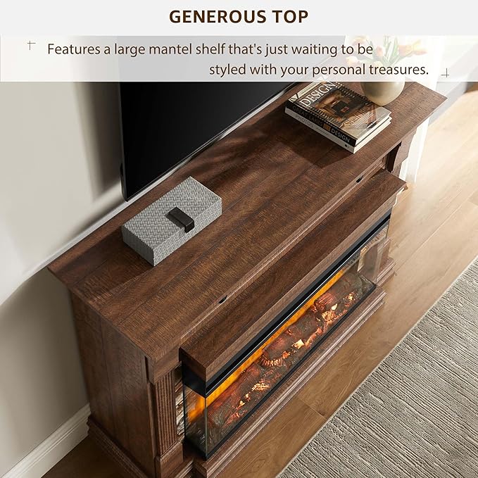 OKD 52 Inch Electric Fireplace with Mantel, Fireplace TV Stand with 36" 3-Sided Glass Electric Fireplace Heater for Living Room (Brown)