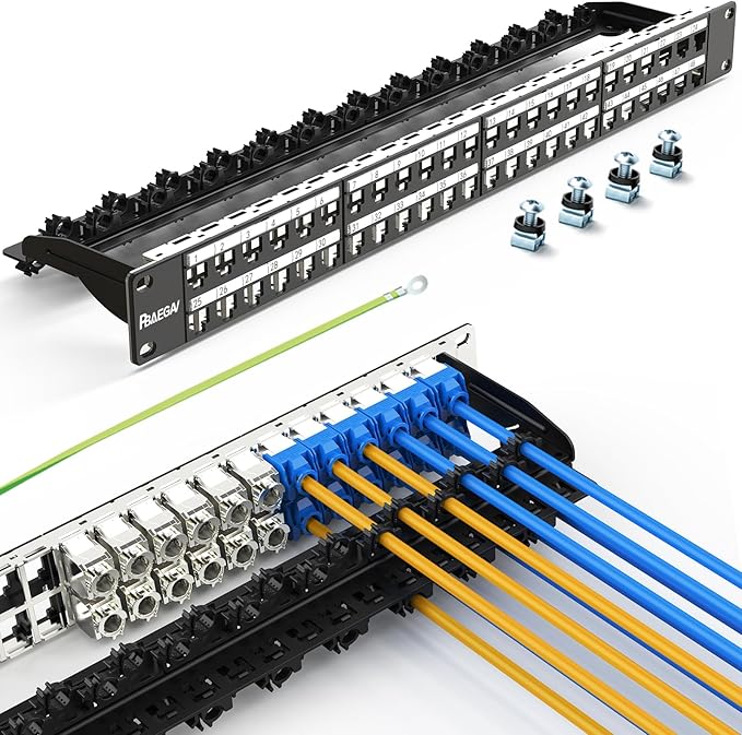 PBAEGAV 48 Port Patch Panel Blank UTP/STP 1U 19" Keystone Patch Panel with Cable Management and Support Bar Compatible with LC/SC/ST/FC/USB/HDMI Keystone Jack(48 Port)
