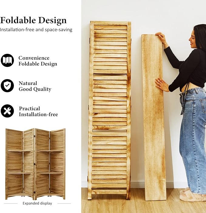 Partition Room Dividers, 67 * 51inch Folding Wood Privacy Screen with Three Display Shelves Suitable for Home Office, Study, Art Display - 4 Panel(Natural)