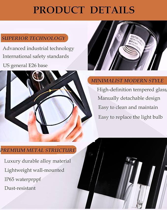 LWSOY 2-Pack Outdoor Wall Light Fixtures, Waterproof Exterior Wall Lanterns, Porch Lights with E26 Sockets & Cylinder Glass Shades, Modern Matte Black Wall Sconce for Porch Patio Garage