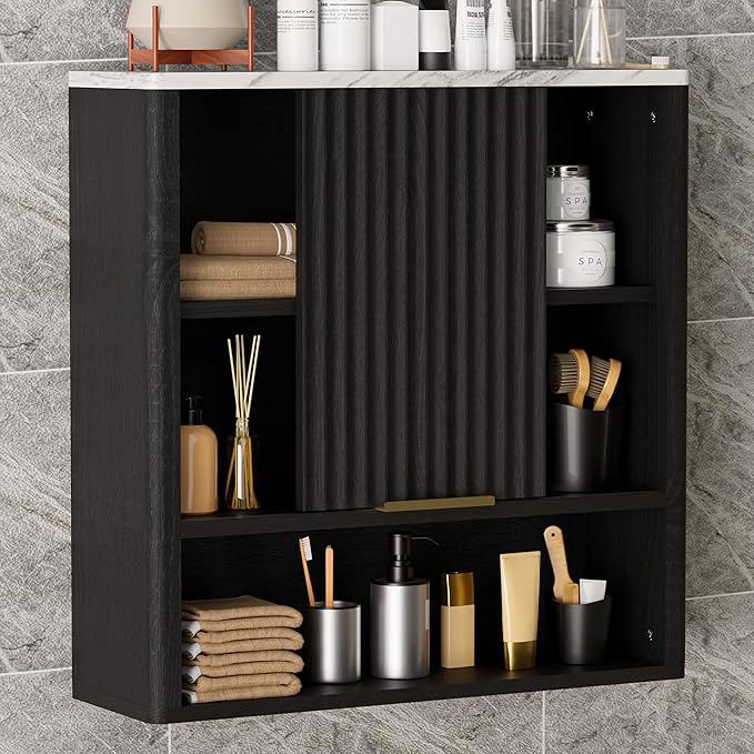 Bathroom Wall Cabinet, Fluted Medicine Cabinet with Adjustable Shelves, Wood Over The Toilet Storage Cabinet for Kitchen, Living Room, Laundry Room, Black