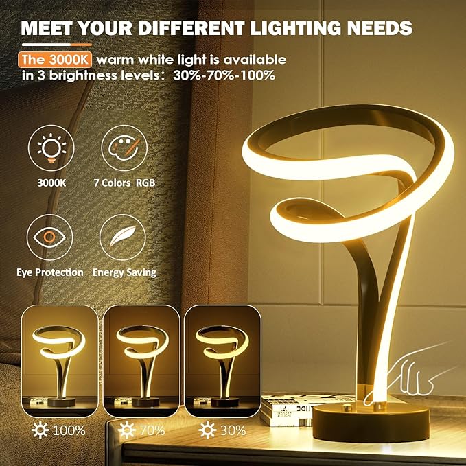 airnasa Modern Spiral RGB Table Lamp, Unique, 7 Colors 10 Light Modes LED, Touch Dimmable Cool Nightstand Lamps for Living Room Bedroom Office, Ideal Gift (Black)