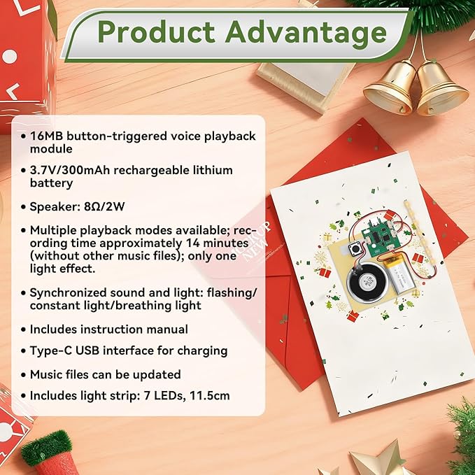 1PCS Customize Recording Module with LED Strip DIY Music Voice Recording Module Chip with Speaker,Type-C Cable,Capability16 Minutes Music for Personalized Greetings, Holiday Crafts Cards with Manual