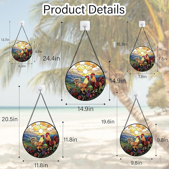 AMDERVEN Stained Glass Window Hanging, Countryside Scenery Chicken Sun Catcher for Door Home Decor Sunrise Suncatcher Christmas Mother's Day Birthday Gifts for Women Men Mom Nana 7.8 in