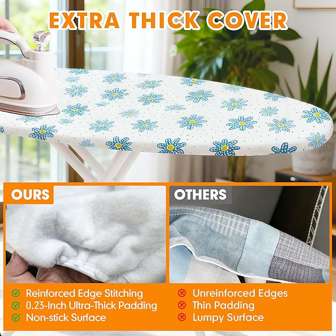 Ironing Board Cover and Pad, 18x49 Extra Wide Thick Iron Padding, Scorch & Stain Resistant Ironing board cover, Heavy Duty Iron Board Padded with Adjustable Fasteners Durable Elastic Edge, Daisy