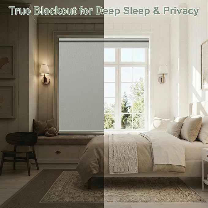 Zshine Motorized Blackout Window Blinds Customize Width (23-95 Inches) Remote Control Wireless and Rechargeable Roller Shades Blinds for Windows, Home, Office, Hotel, Club, Restaurant(82164B)