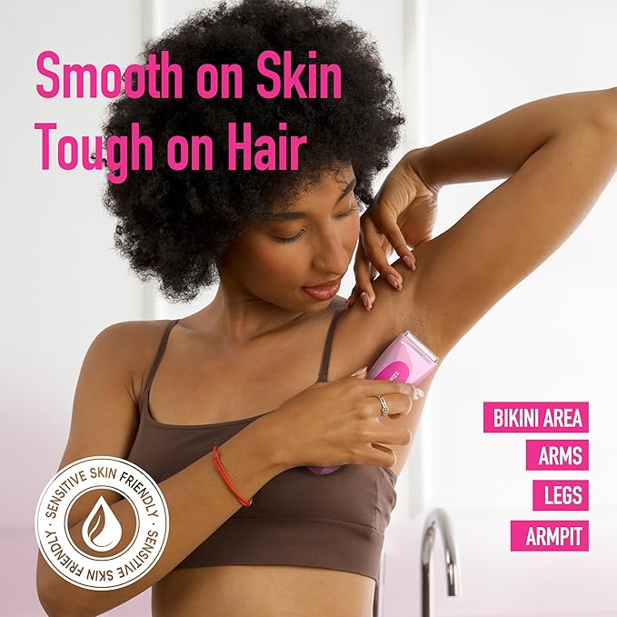 BAREWIZE Bikini Trimmer for Women, Electric Shaver for Women | LED Light, IPX7 Waterproof, USB-C Rechargeable, Ceramic Blade | Electric Razors for Women, Pubic Hair Trimmer Women (Petal Bonbon)