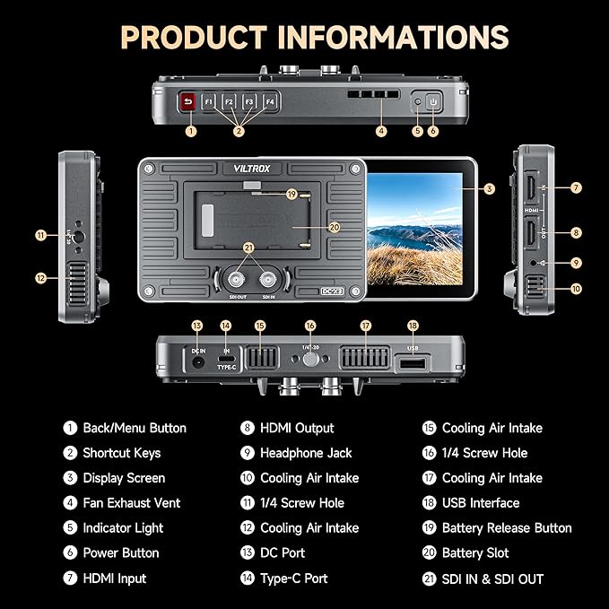 VILTROX DC-X3 2000 Nits SDI Camera Field Monitor, 4K HDMI 6 inch Touchscreen On Camera Monitor, 3D Lut 1920X1080 HD Focus Peaking Assist Full Waveform Video Field Monitor with Battery Sunshade Hood