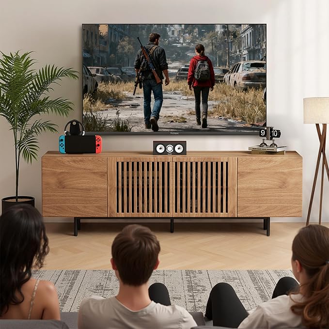 Pajiasen 70.87″ Mid Century Modern Walnut TV Stand with Grille Doors, Storage Cabinets,Entertainment Center for TVs Up to 80",Media Console for Living Room or Bedroom