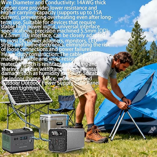 1.3FT 5.5mmx2.5mm 14AWG 12V/24V DC Power Splitter 1Female to 2Male High Power 5525 Connector for Solar Panel, Energy Storage Power Supply, Outdoor Power Supply, LED Strip Light 2pcs