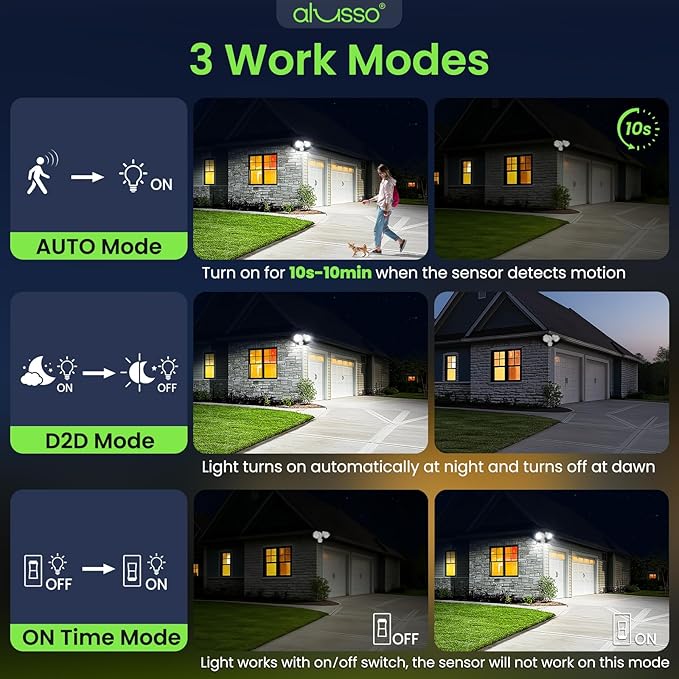 ALUSSO Motion Sensor Outdoor Lights, 30W 3500LM Flood Lights Outdoor, 3 Modes (Dusk to Dawn/Auto/On Time), 3CCT 3000K/4000K/6500K Waterproof Hardwired ETL Listed, Porch Garage Flood Light, White 1PC