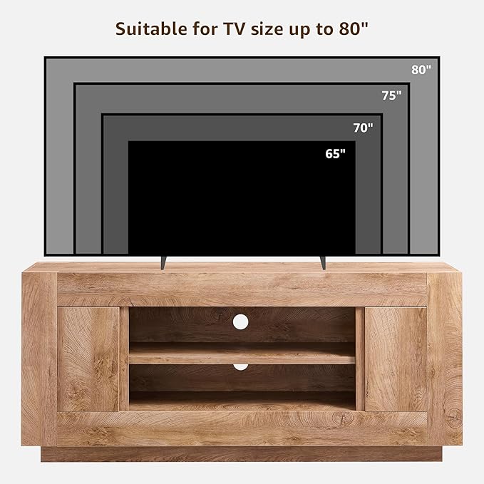OKD Modern 70" TV Stand, Entertainment Center for TVs Up to 80", Media Console with Large Open Storage & Side Cabinets, Thick Wood Design for Living Room, Light Knotty Oak