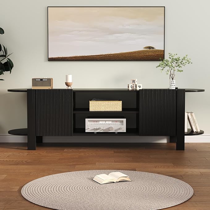 ZOSQUARE 65 Inch TV Stand for Up to 75 inch TVs, Fluted Entertainment Center with Adjustable Shelve, Curved Round Corner TV Console Table with Storage Cabinet for Living Room, Bed Room (Black)