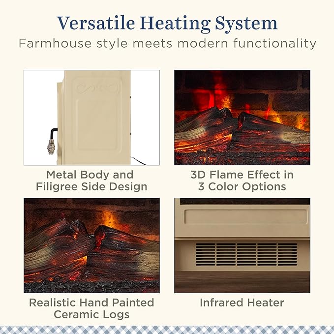 Country Living Infrared Freestanding Electric Fireplace Stove Heater in Cream | Multiple Flame Colors, Metal Design with Faux Wooden Logs | Alexa/WiFi Enabled - Remote Included